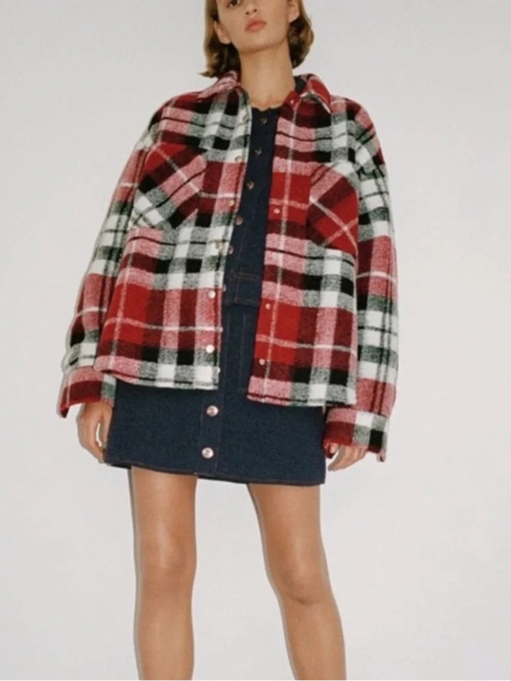 Zara Plaid Red Oversized Shacket Jacket Women Classic Holiday Cabincore Gorpcore